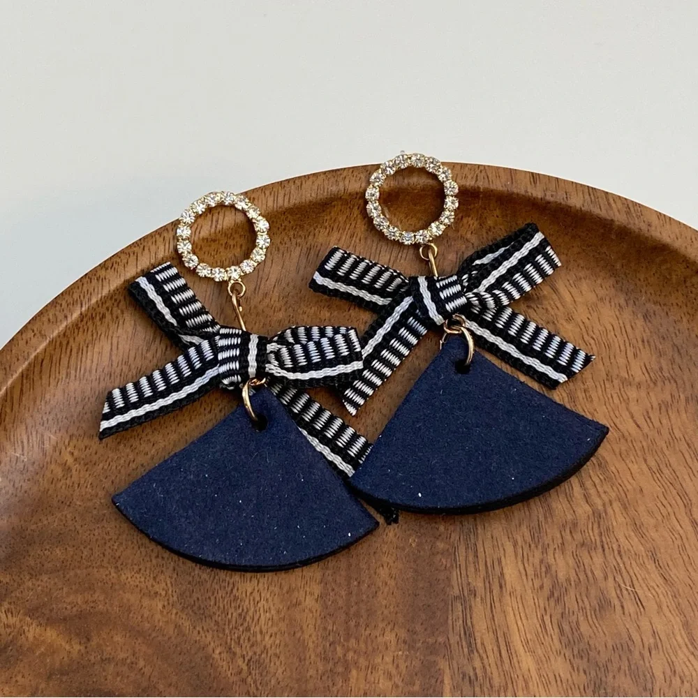 4/$15 Playful Twist Royal Blue Striped Ribbon Dangly Earrings